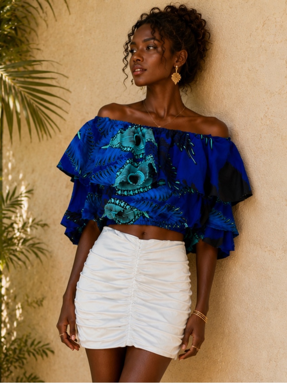 SATSUMA Vacation Tropical Resort wear Off-the-Shoulder Ruffle Cropped Blouse